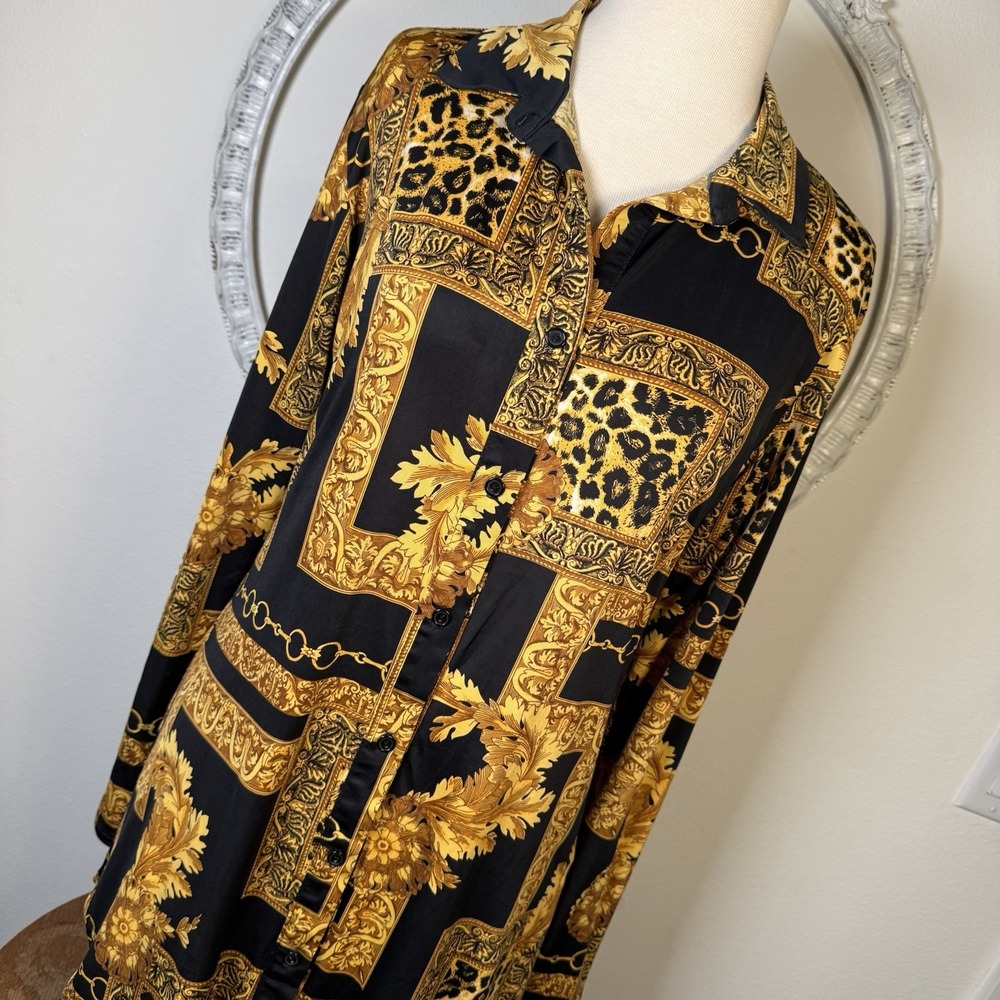 LaQueen Blouse Women Leopard Black Gold Button Up Top Shirt S Old Money Mob Wife
